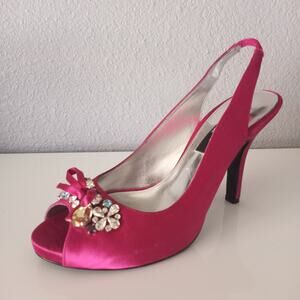 Nina Milika Fuchsia Pink Satin Jeweled Toe Slingback Open Toe Pumps